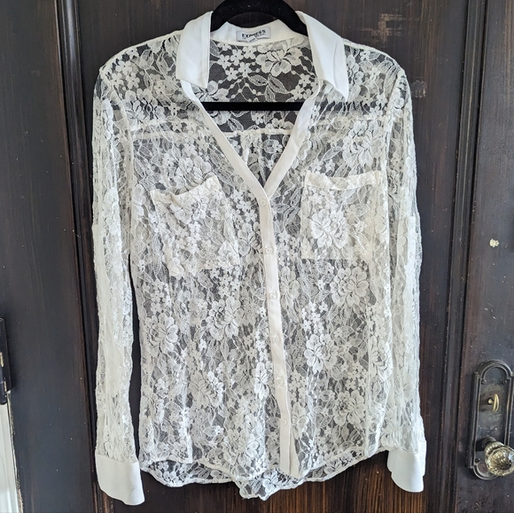 Express Tops - Express Portofino Button Up Sheet Lace Blouse V-Neck Button Cuffs